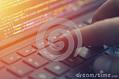 Closeup coding on screen, hands coding html and programming on screen laptop, web development, developer Stock Photo