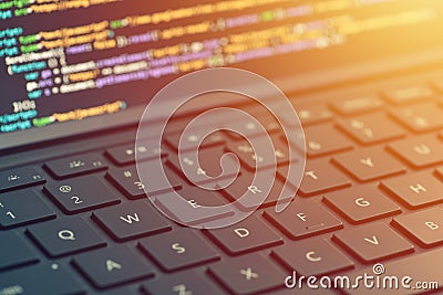 Closeup coding on screen, hands coding html and programming on screen laptop, web development, developer Stock Photo