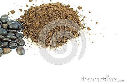 Closeup collected coffee beans with coffee powder on white Stock Photo