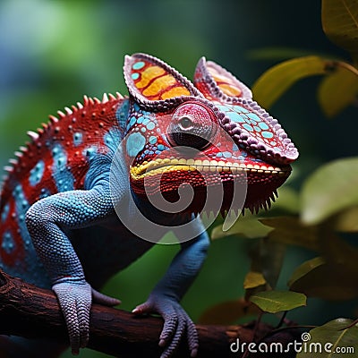 Closeup colorful chameleon on the branch, changing colors Stock Photo