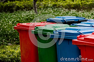 Closeup of colorful garbage cans Stock Photo