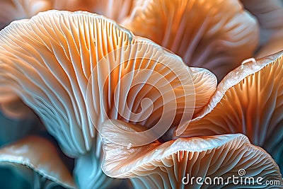 Closeup of colorful mushroom lamellae, magic mushroom, macro view. Stock Photo