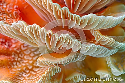 Closeup of colorful mushroom lamellae, magic mushroom, macro view. Stock Photo