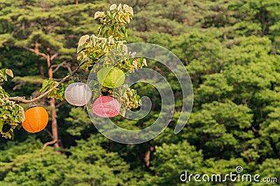 Closeup of colorful paper lanterns Stock Photo