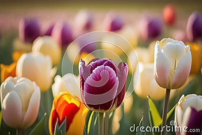 Closeup Colorful tulips grow and bloom in close proximity to one another. Springtime. generative AI Stock Photo