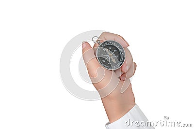Closeup compass in hand isolated on white background Stock Photo