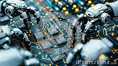 A closeup of a complex circuit board with tiny microchips and wiring being tested and finetuned in a robotics lab Stock Photo