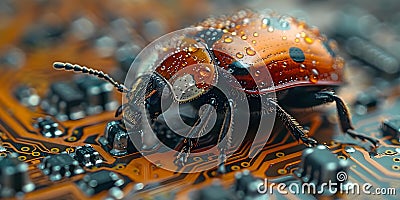 Closeup of computer bug on microchip symbolizing the threat of software vulnerabilities and bugs in Stock Photo