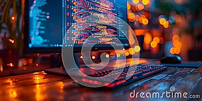 Closeup of computer monitor displaying dynamic programming code with bokeh effect emphasizing Stock Photo