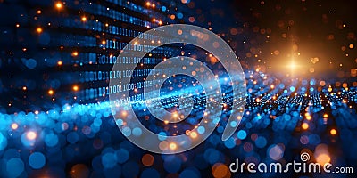 Closeup of a computer screen with blue binary code symbolizing technology, coding, and Stock Photo