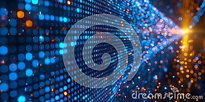 A closeup of a computer screen displaying blue binary code representing technology coding and Stock Photo
