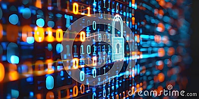 A closeup of a computer screen displaying a cybersecurity concept with binary code and a padlock Stock Photo
