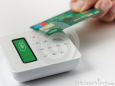 Closeup Contactless payment by credit or debit card succesful payment Editorial Stock Photo