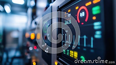 Closeup of a control panel equipped with realtime energy monitoring tools with indicators showing lower energy usage and Stock Photo