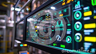 A closeup of a control panel with various screens and indicators showcasing the realtime monitoring and predictive Stock Photo