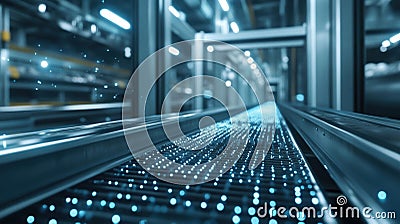Closeup of a conveyor system seamlessly integrated into a modular workstation demonstrating how components are Stock Photo