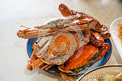 Closeup Cook Crabs on the Tray Stock Photo