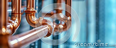 closeup of copper pipes of heating system in boiler room Stock Photo