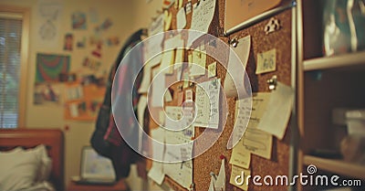 A closeup of a cork board in a shared bedroom covered in notes todo lists and reminders for the roommates. A small Stock Photo