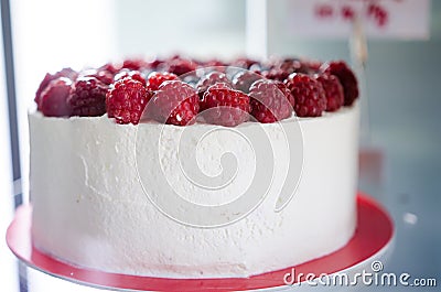 Closeup of cream and raspberry cake Stock Photo