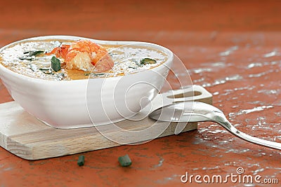 Closeup Cream Soup with Shrimp and Green Onion Stock Photo