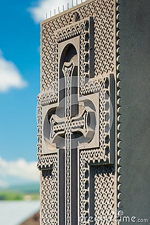Closeup cross stone carving khachkar armenian Stock Photo