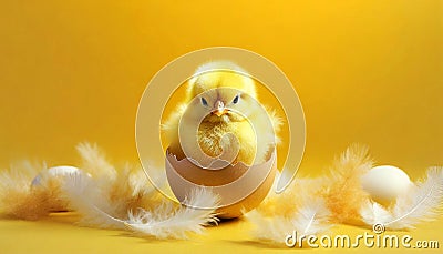 Cute Chick in a Broken Eggshell on a Yellow Background - Generative Ai Stock Photo