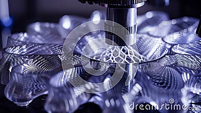A closeup of a 3D printed object under a microscope revealing the intricate details and precise layers created through Stock Photo