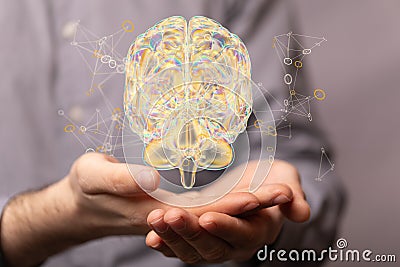 Closeup of 3D rendered human brain anatomical model hovering in man hands Stock Photo