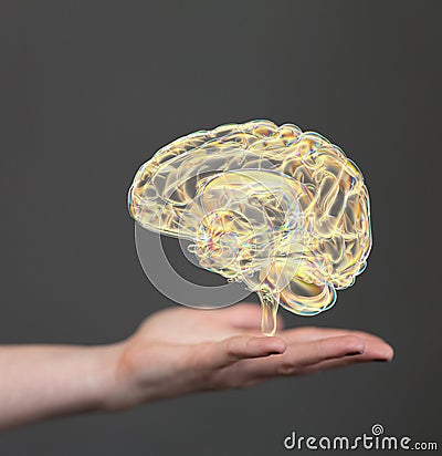 Closeup of a 3D rendered human brain hologram on a man's hand Stock Photo