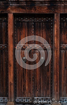 Closeup of dark wooden door with metallic brass vintage lion handles and decor for your design. Stock Photo