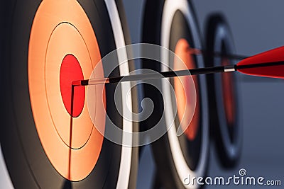 Closeup of a dart hitting the bullseye on a dartboard, symbolizing success and accuracy. 3D Rendering Stock Photo
