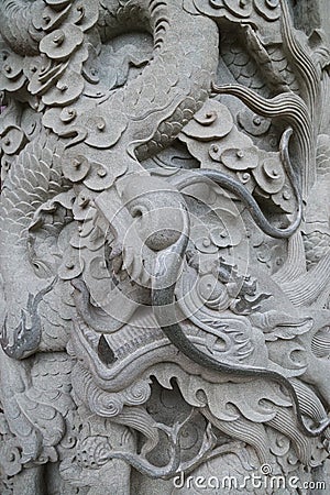 Closeup of a decorated stone column at the Po Lin Monastery Stock Photo