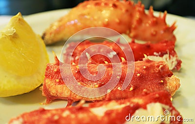 Delectable King Crab Leg's Meat, a Famous Dish of Ushuaia, Tiera del Fuego, Argentina, South America Stock Photo