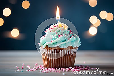 Closeup delicious birthday cupcake with burning candle on blue Stock Photo