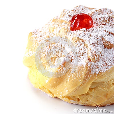 Closeup of delicious Cherry puff pastry with powdered sugar Stock Photo