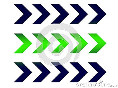 Closeup, Design pattern set right arrow green blue glyph icon isolated white background. forward functions in media applications. Cartoon Illustration