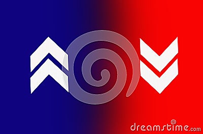 Closeup, Design two right arrow icon white color. forward reward functions in media applications. Advanced symbol on blue red Cartoon Illustration