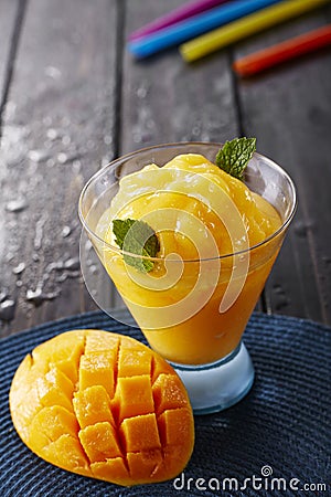 Closeup of dessert, mango smoothie Stock Photo