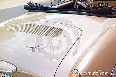closeup Detail of old Cabriolet Volkswagen karmann ghia cabrio Typ 14 parked on street, part of beige car, trunk lid, Bacharach, Editorial Stock Photo