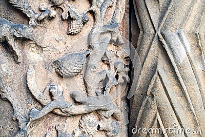 Closeup detail of geometrical and floral patterns carved in stone at the entrence to the gothic cathedral in Wroclaw, Poland Stock Photo