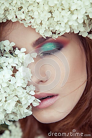 Closeup detail. Perfect makeup, eye, lipsick and lips Stock Photo