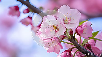 Closeup detail of pink cherry blossom flower against soft background Stock Photo