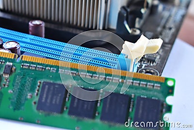 Computer RAM Random Access Memory modules on the white background. Stock Photo