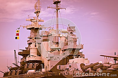 Closeup details of war ready artillery battleship Stock Photo