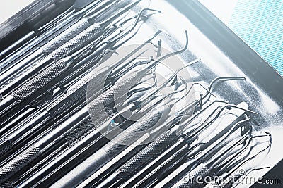 Closeup of different dental tools on dentist workplace Stock Photo
