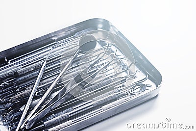 Closeup of different dental tools on dentist workplace Stock Photo
