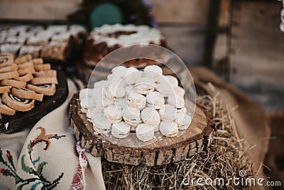 Closeup of different types of sweets. Swiss rolls, pfeffernusse, cake. Stock Photo