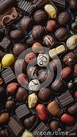 Closeup of diverse chocolates, a tempting cocoa medley Stock Photo