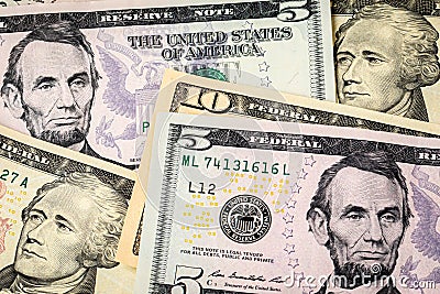 Closeup of $15 dollars with 10 and 5 dollar bills. Stock Photo